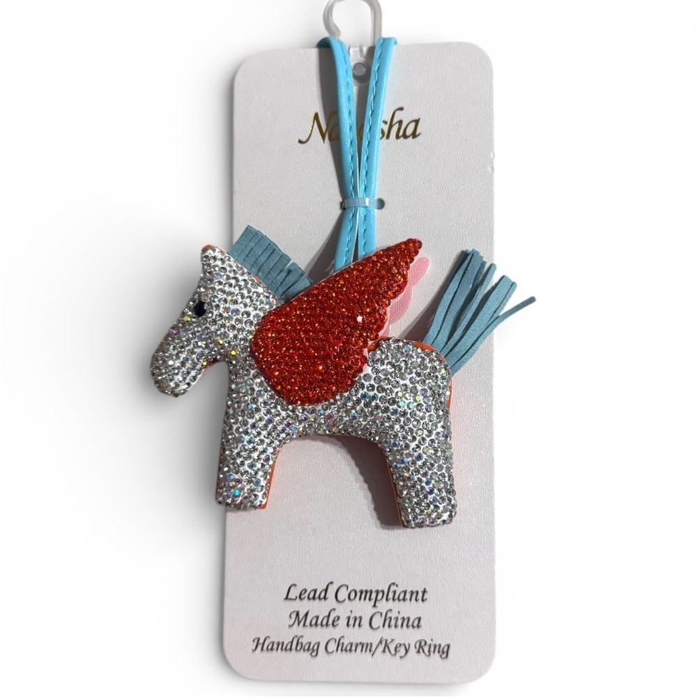 Natasha Pegasus Horse Rhinestone Bag Charm Keychain Pink Orange Whimsical NWT